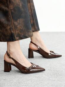 CUCCOO BIZCHIC New Pointed Toe Chunky Heel Pumps For Women, Bowknot Color Block Rivets Closed Toe Fashion High Heels Spring Shoes Spring Break Easter Valentine's Day - Rust Brown - View 4