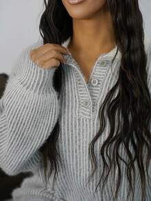 SAYEHFBABY Pulover bicolor din mohair, guler tricotat, supradimensionat, cu nasturi, fată cool, stil stradal, drăguț, toamnă, toamnă, iarnă, revelion - Gri - Vizualizare 3