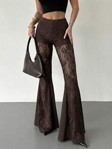 Firerie Women's Halloween Lace Flared Pants, Versatile Wide Leg Exaggerated Bell Bottom Skinny Sexy Trousers - Brown - View 6