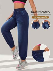 Flexra Women's Elastic Waist Loose Comfortable Drawstring Ankle-Length Jeans - Dark Wash - View 1