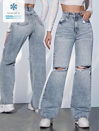 SHEIN ICON Jeans de pierna acampanada casual con bolsillos en ángulo y efecto desgastado de unicolor