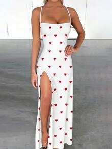 INAWLY Đầm ôm sát gợi cảm cổ chữ V khoét sâu hở lưng buộc dây vạt cao xẻ tà in hình trái tim dành cho nữ - trắng - Xem 3