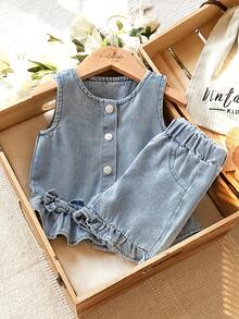 SHEIN Vintaside Kids 2pcs Casual Fashion Versatile Bow Decor Denim Sleeveless Top And Shorts Set, Suitable For Summer, Home, Outdoor, Vacation, Daily Wear - Multicolor - View 3