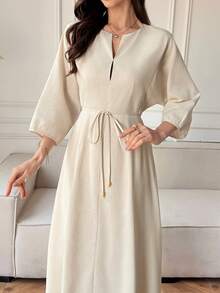 Vivie Lora Women's V-Neck Waist Cinched Midi Linen Dress, Vacation Style Sundress - White - View 2