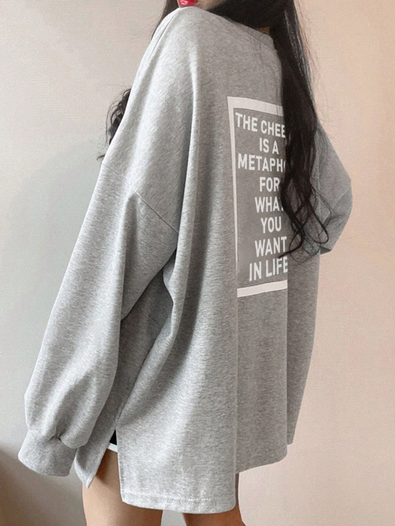 DAZY 女士标语印花落肩长袖T恤，秋季服装图案T恤 - 灰色 - 查看 1