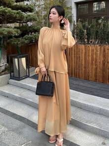 DAZY Spring & Summer Chiffon Blouse & Flared Skirt 2-Piece Set, Elegant Tie-Up Design, Suitable For Casual, Vacation, Beach, Wedding, Valentine's Day - Champagne - View 14