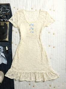 SHEIN Women's V-Neck Short Sleeve Bow Decor Casual Mid-Length Dress - Apricot - View 3