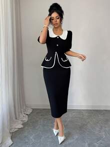 Siren Gaze 女士撞色纽扣前开襟衬衫和半裙优雅两件套 - 黑色 - 查看 4