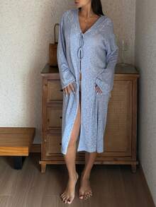 DAZY Loose Knit Lace Patchwork Tie-Up Women Sleepwear Robe - Purple - View 6
