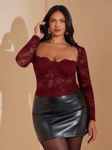 SHEIN BAE Women Lace Long Sleeve Camisole - Burgundy - View 3