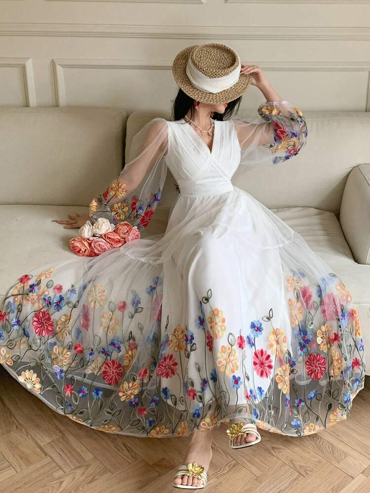 Spring & Summer Floral Print Embroidered Chiffon Dress, Elegant Slim Fit Casual Beach Vacation Dress, Suitable For Wedding, Commute, White Easter Dress Sundress