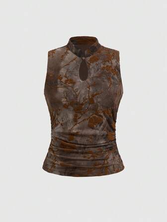 Blouse slim col mao à motif batik floqué floral rétro pour femmes