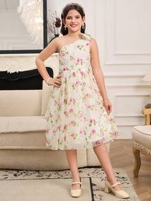 1件少女优雅欧根纱印花吊带可拆卸蝴蝶结装饰拉链连衣裙，公主风，适合日常、派对、度假、婚礼，春夏皆宜 - 杏色 - 查看 4