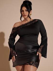 SHEIN BAE 大码女式黑色长袖不对称肩部撞色蕾丝上衣，适合冬季、夏季、秋冬季穿着，也可作为万圣节、圣诞节、新年、感恩节的服装。 - 黑色 - 查看 7