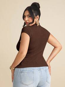 SHEIN BAE Plus Size Women Casual Everyday Knit Elastic Short Sleeve T-Shirt - Brown - View 2