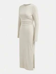 SHEIN Teen Girl Plain Pleated Round Neck Long Sleeve Fitted All-Match Versatile Simple Dress - Apricot - View 6