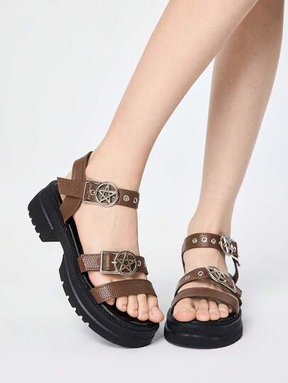 ROMWE Sandal nữ mùa hè hở mũi phong cách rock punk goth tối màu, sandal đế xuồng quai sao, giày mùa xuân, lễ Phục sinh, Halloween và Giáng sinh.