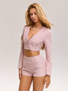 Sweetina 2件套女士情人节婚礼粉色性感格子单排扣长袖露脐上衣和短裤套装 - 粉色 - 查看 1