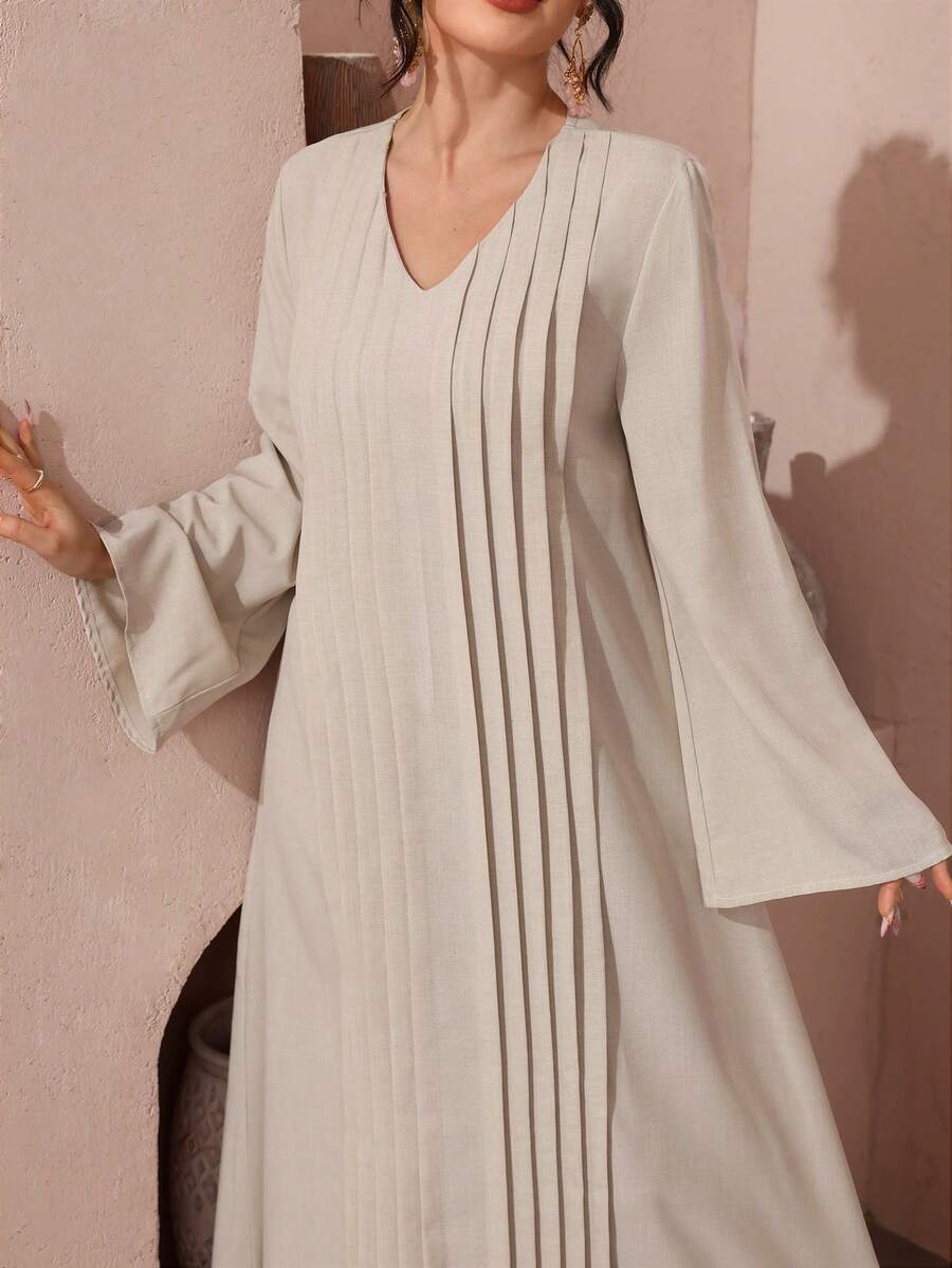 SHEIN Najma 女士宽松休闲褶裥长袖阿拉伯风格连衣裙 - 杏色 - 查看 1
