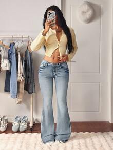 SHEIN Tall Quần jeans ống loe cạp thấp dáng ôm, giặt mài kiểu cổ điển - Rửa nhẹ - Xem 5