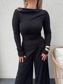 Jeta Ari Women's Fleece Long Sleeve Top And Straight Leg Pants 2 Pieces Casual Set, Autumn/Winter - Black - View 3