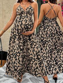 SHEIN Maternity Clothes Maternity Dress Leisure Vacation Summer Maternity Clothes Maternity Dress Leisure Vacation Summer Brown Backless Cross-Strap Slip Dress With All-Over Print, Perfect For Vacation Wear. Bohemian Style Maternity Dress, Maternity Maxi Dress, Backless Maternity Dress, Maternity Wear, Backless Maxi Dress. - Mocha Brown - View 2