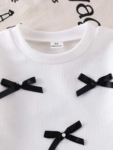 2pcs Young Girls Knitted Textured Striped Long Sleeve Pink Flare Pants Bow T-Shirt Set, Comfortable Casual Sweet Girl Outfit, Autumn Full Outfit Outfit Set Bell Bottom Outfits Girls Bow Outfit Bow Outfit Bow Bag - White - View 3