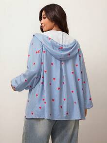 Enliva Camisa con detalles de corazón a rayas azul y blanco para mujer de talla grande, camisa con capucha de manga larga y abotonadura, camisa holgada con capucha - Azul y blanco - Ver 3