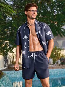 Manfinity Swimmode Men's Short Sleeve Drop Shoulder Front Button Casual Summer Loose Beach Outfit - Navy Blue - View 8