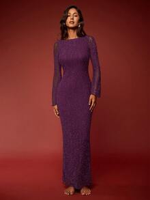 Opulessa 1pc Black Backless Flare Sleeve Round Neck Sexy Long Sleeve Dress,For Party