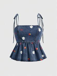 Sweetness Spring / Summer Plus Size Women Strawberry & Floral Print Ruffle Hem Denim Camisole Top - Medium Wash - View 1