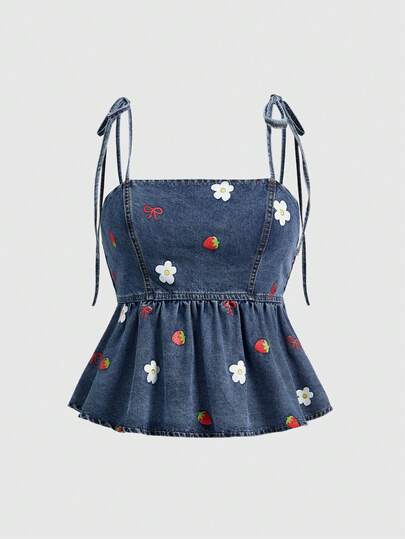 Sweetness Plus Size Women Strawberry & Floral Print Ruffle Hem Denim Camisole Top