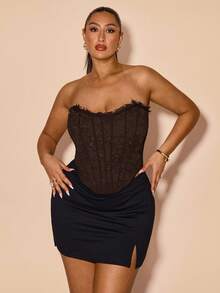 SHEIN BAE 加大码纯色蕾丝抹胸式文胸，适合夏季海滩度假 - 咖啡棕 - 查看 4