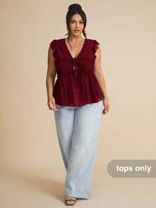 SHEIN BAE 1 buah Atasan Kasual Tanpa Lengan Linen Ukuran Besar untuk Wanita dengan Hiasan Kancing, Cocok untuk Brunch, Jalan-jalan, Kencan, Perjalanan, dan Berlayar - Burgundy - View 2