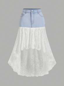 SHEIN Clasi Chân váy ngắn denim phối ren màu sắc cho nữ, có đai thắt lưng, thích hợp cho mùa hè. - Nhiều màu - Xem 1
