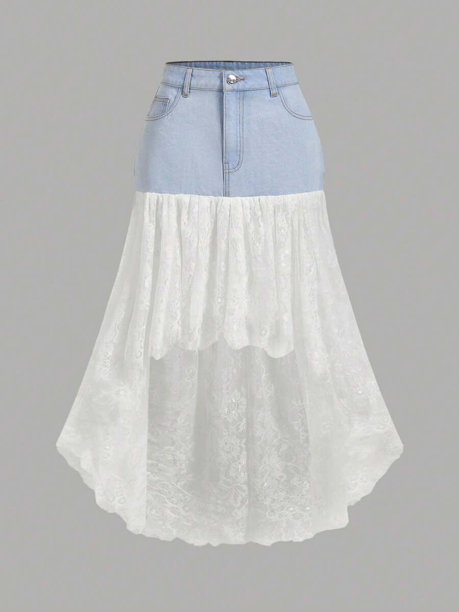 SHEIN Clasi Chân váy ngắn denim phối ren màu sắc cho nữ, có đai thắt lưng, thích hợp cho mùa hè. - Nhiều màu - Xem 1