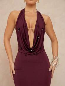 Lumalex 人造水晶吊坠垂领无袖柔软舒适修身连衣裙，女士款 - 酒紅色 - 查看 7