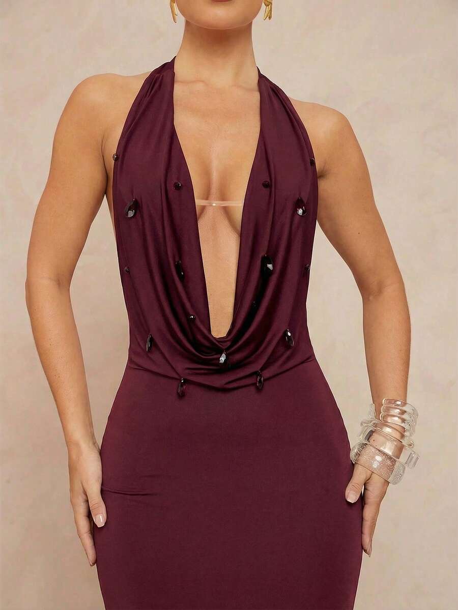 Lumalex Đầm ôm sát không tay, mềm mại và thoải mái, cổ xếp ly, đính mặt dây chuyền pha lê nhân tạo dành cho nữ.