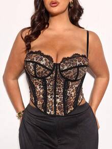 SHEIN BAE 夏季海滩度假大码假日派对聚会、约会旅行、外出玩乐上衣，女士豹纹网纱拼接蕾丝边吊带背心性感马甲，适合外出、约会之夜、主题派对和音乐会等场合。 - 彩色 - 查看 3