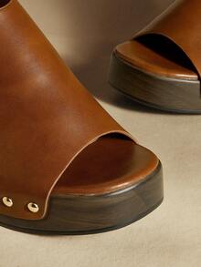 Rosivie 女士棕色铆钉露趾厚底坡跟凉鞋，性感时尚简约法式风格厚底夏季凉鞋 - 暗紅 - 查看 4