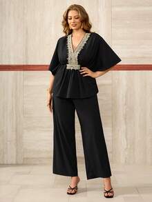 Roveilla 大码女装两件套 - 蕾丝边收腰上衣和阔腿裤 - 黑色 - 查看 4