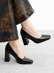 CUCCOO BIZCHIC Women's Square Toe Chunky Heel PU Leather Slip-On Shoes, Fashionable Minimalist Comfortable For Daily, Party, Banquet Valentine's Day - Black - View 1