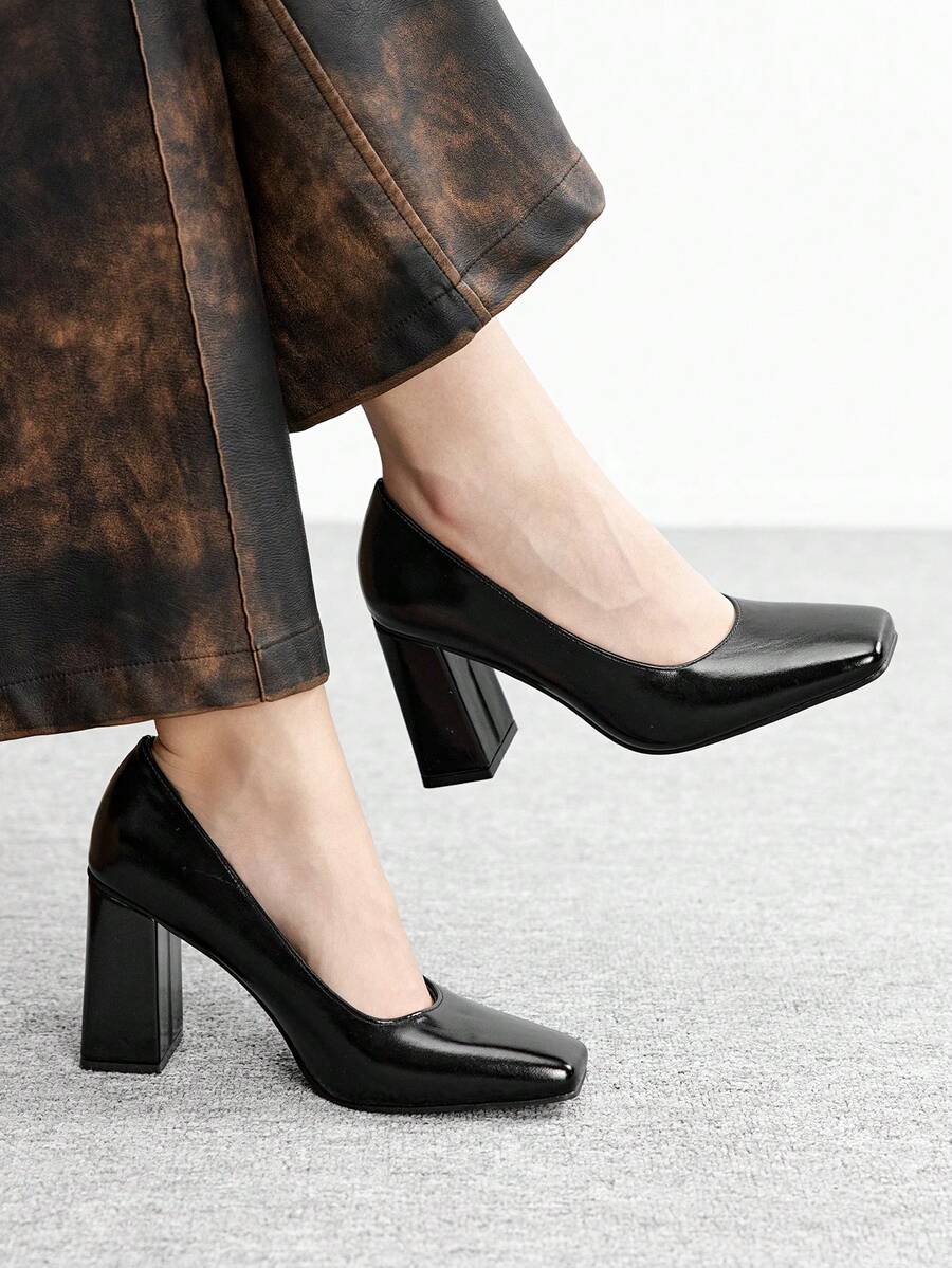 CUCCOO BIZCHIC Women's Square Toe Chunky Heel PU Leather Slip-On Shoes, Fashionable Minimalist Comfortable For Daily, Party, Banquet Valentine's Day - Black - View 1