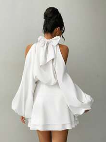 Aloruh Đầm ngắn màu mơ trơn mới dành cho nữ, kiểu dáng chữ A tay dài, thích hợp dự tiệc, hẹn hò, dự tiệc trà chiều, mùa thu/đông. - trắng - Xem 2