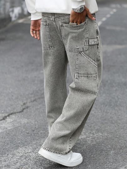 Manfinity EMRG Men's Streetwear Snowflake Washed Straight Leg Jeans Baggy Khaki Pants Men Men Jeans Cargo Pants, Perfect Holiday Gift For Boyfriend & Husband