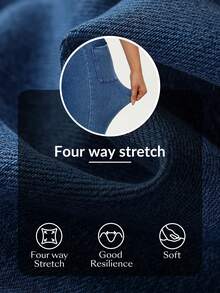 SHEIN Unity Women's Solid Color Pocket Button Elastic Casual Flare Jeans - Blue - View 7