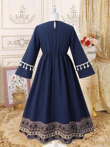 Girls' Abaya Dress, Square Neck Long Sleeve A-Line Dress With White Tassel Decor On Chest And Sleeves, Vintage Geometric Pattern Patchwork, Suitable For Festivals  Girls Navy Blue Abaya Kids Arabic Dress Girls Modest Dress Girls Navy Blue Modest Dress Girls Abaya - Navy Blue - View 2