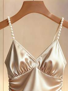 Franclia 女士优雅褶皱珍珠修身吊带背心 - 香檳色 - 查看 3