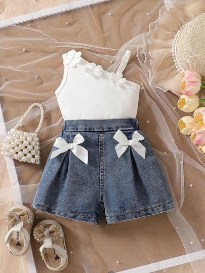 SHEIN Baby Girls' Korean Fashion Summer New Stylish 3D Floral Decor Set, Spaghetti Strap Vest + Cute Bow Denim Shorts 2pcs, Sweet & Adorable Summer Outfit