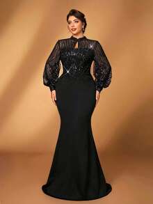 Serin Plus Size Elegant Black Winter Formal Wedding Mermaid Hem Dress,Teardrop Collar Puff Sleeve Sequin Patchwork Applique Mother Of The Bride Party Gown - Black - View 1